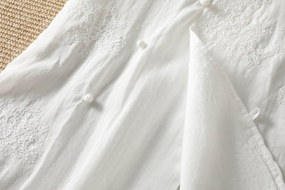 Embroidered Asymmetrical Cotton-Linen Blouse | Lightweight Summer Mandarin Collar Top