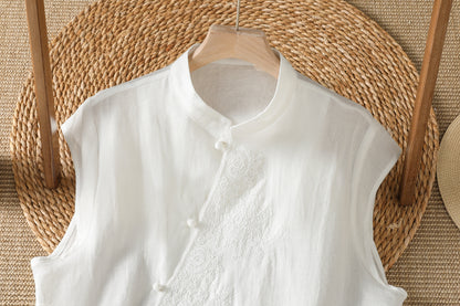 Embroidered Asymmetrical Cotton-Linen Blouse | Lightweight Summer Mandarin Collar Top