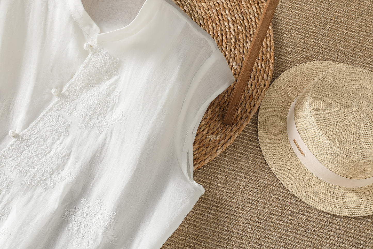Embroidered Asymmetrical Cotton-Linen Blouse | Lightweight Summer Mandarin Collar Top