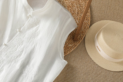 Embroidered Asymmetrical Cotton-Linen Blouse | Lightweight Summer Mandarin Collar Top