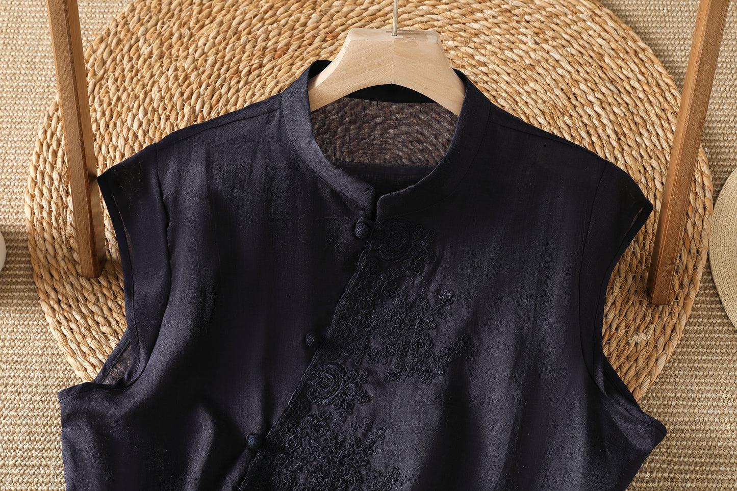 Embroidered Asymmetrical Cotton-Linen Blouse | Lightweight Summer Mandarin Collar Top