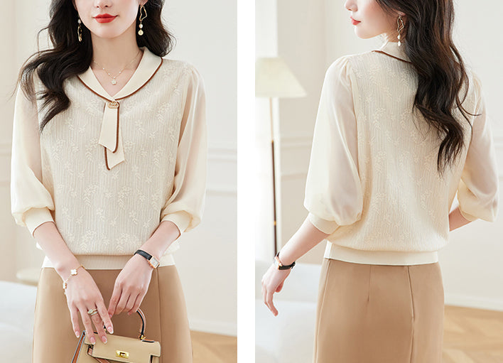 Tie-Neck Lightweight Knit Polo Top
