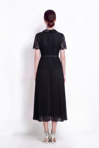 Lace Pleated Midi Dress | Elegant Fake Two-Piece Collared Dress