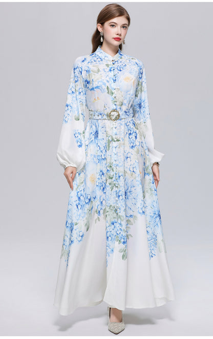 Women's Lantern Sleeve Floral Print Button Maxi Dress With Belts