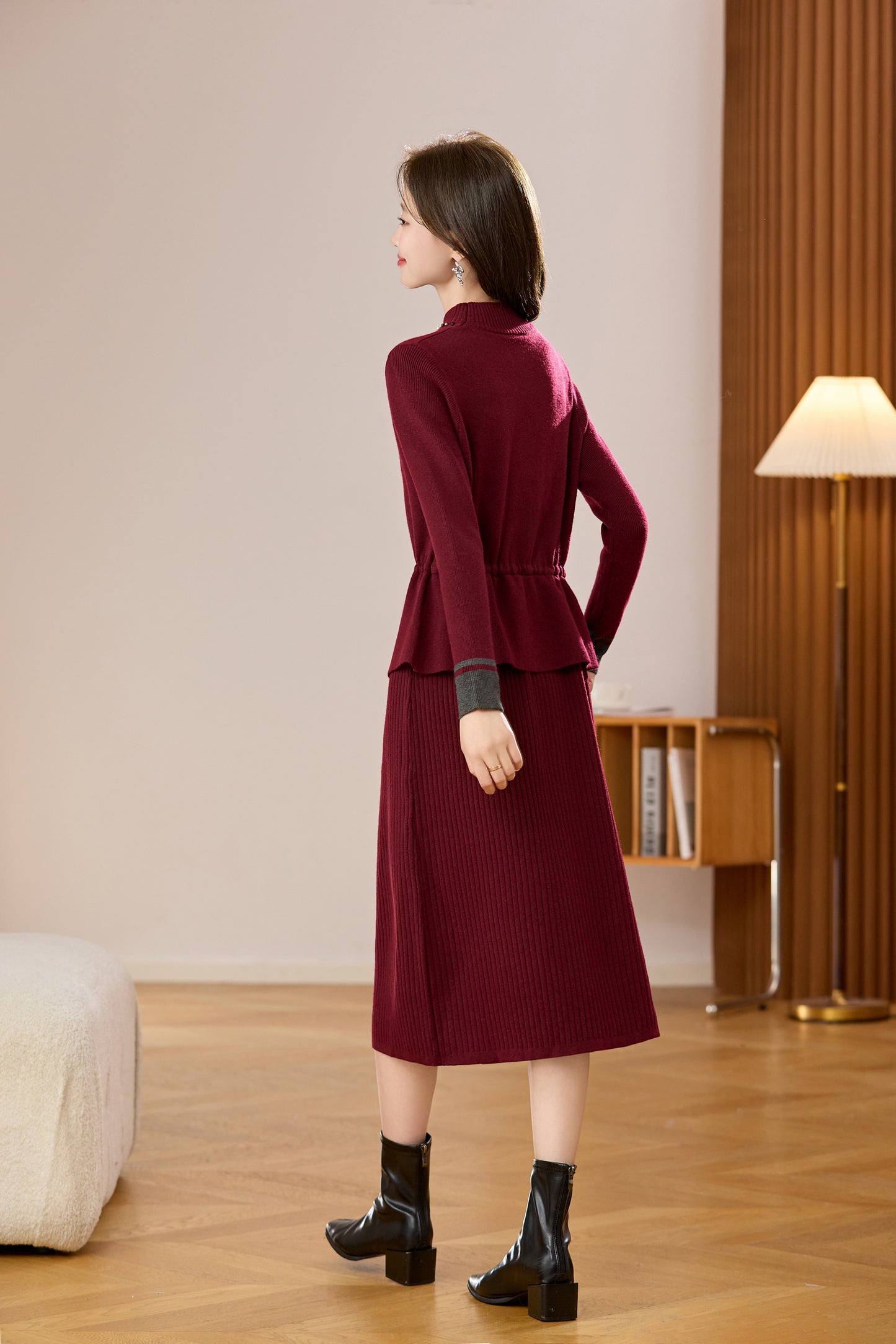 Women's Mock Neck Wool Sweater Drawstring Waist Dress