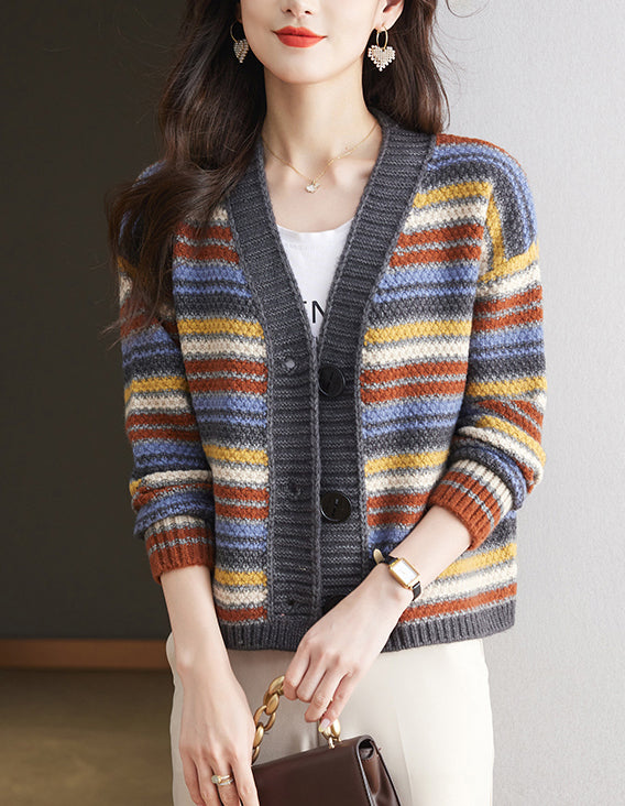 Women's Striped Cable Knit Sweater Cardigan Outerwear