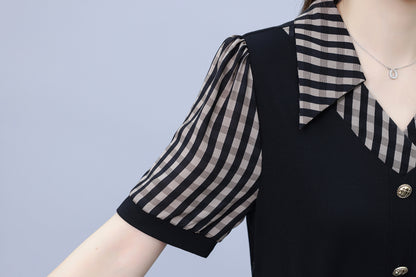 Women's Lapel V-Neck Pocket Short Sleeve Midi Dress - LAI MENG FIVE CATS