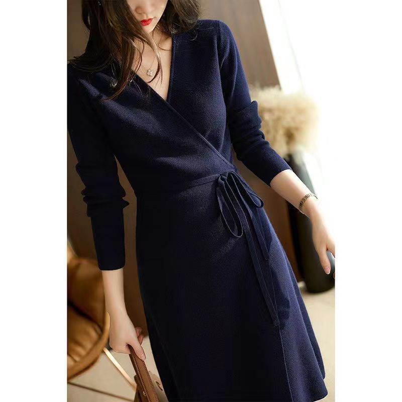Women's Knit V Neck Sweater Wrap Midi Dress - LAI MENG FIVE CATS