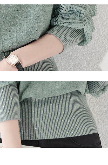 Women's Turtleneck Sweater Lantern Sleeves  Lace Tops - LAI MENG FIVE CATS