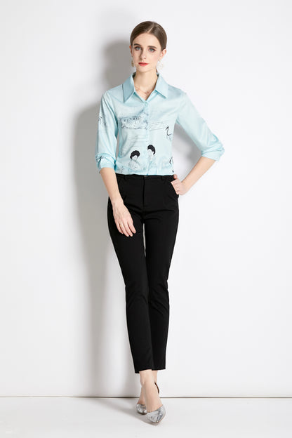 ESY-Women's Long Sleeve Lapel Collar Print Button Blouse