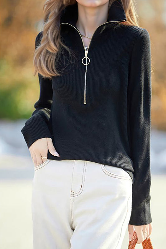 Women's Quarter Zip Pullover Sweaters Collared Knit Top