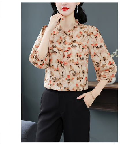 Women's Floral Print Ruffle Button Loose Blouses Top