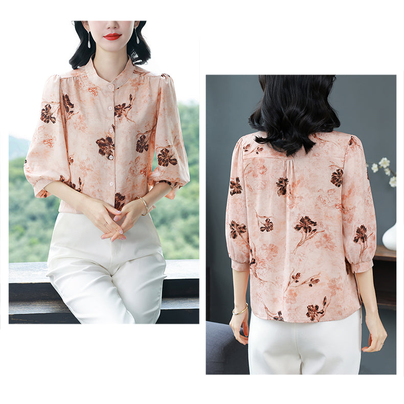 Women's Chinese Style Silk Satin  Button Jacquard Blouse