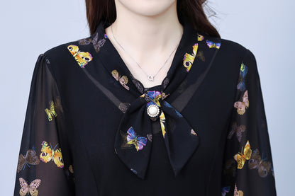 Women's Elegant Tie Neck Long Sleeve Black Dress