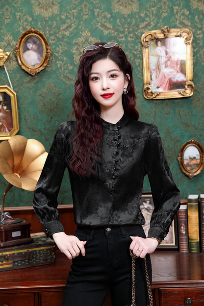 Women's Silk Satin Jacquard Long Sleeve Blouses