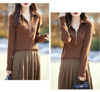 Women's Quarter Zip Pullover Sweaters Collared Knit Top