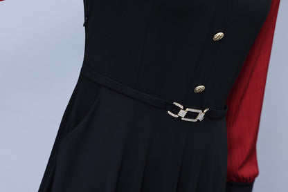 Women's V-Neck with Pockets Long Sleeve Black Dress