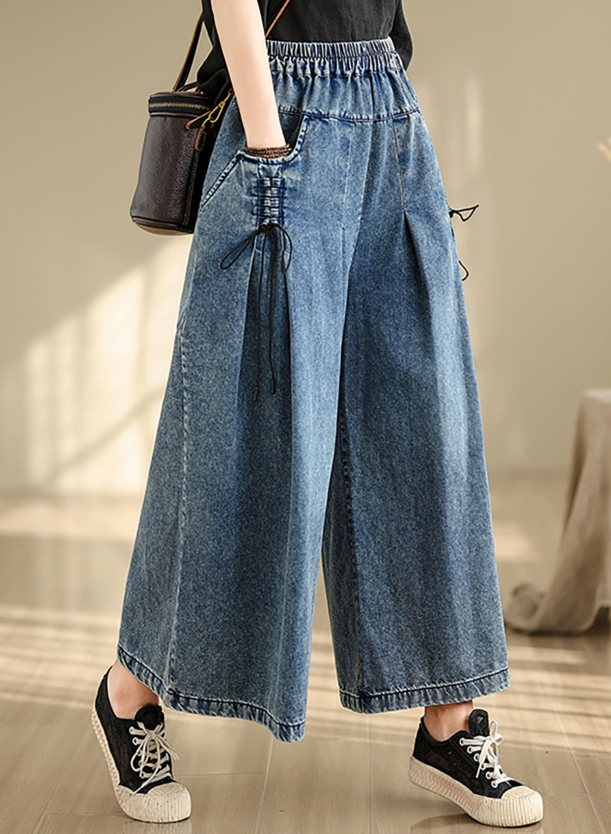 26266 Wide-Leg Denim Jeans with Elastic Waist & Drawstring