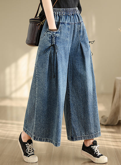 26266 Wide-Leg Denim Jeans with Elastic Waist & Drawstring