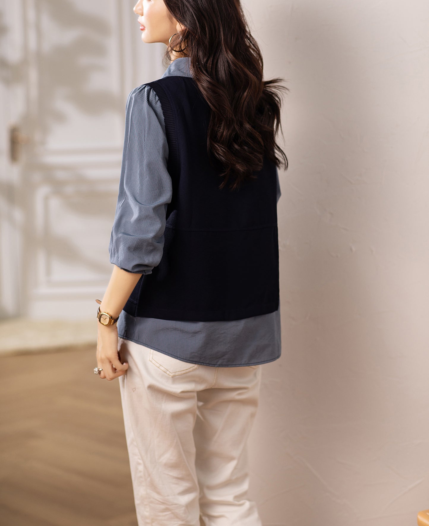 Women's Layered Knit Top | Lightweight Early Fall Collared Sweater Blouse