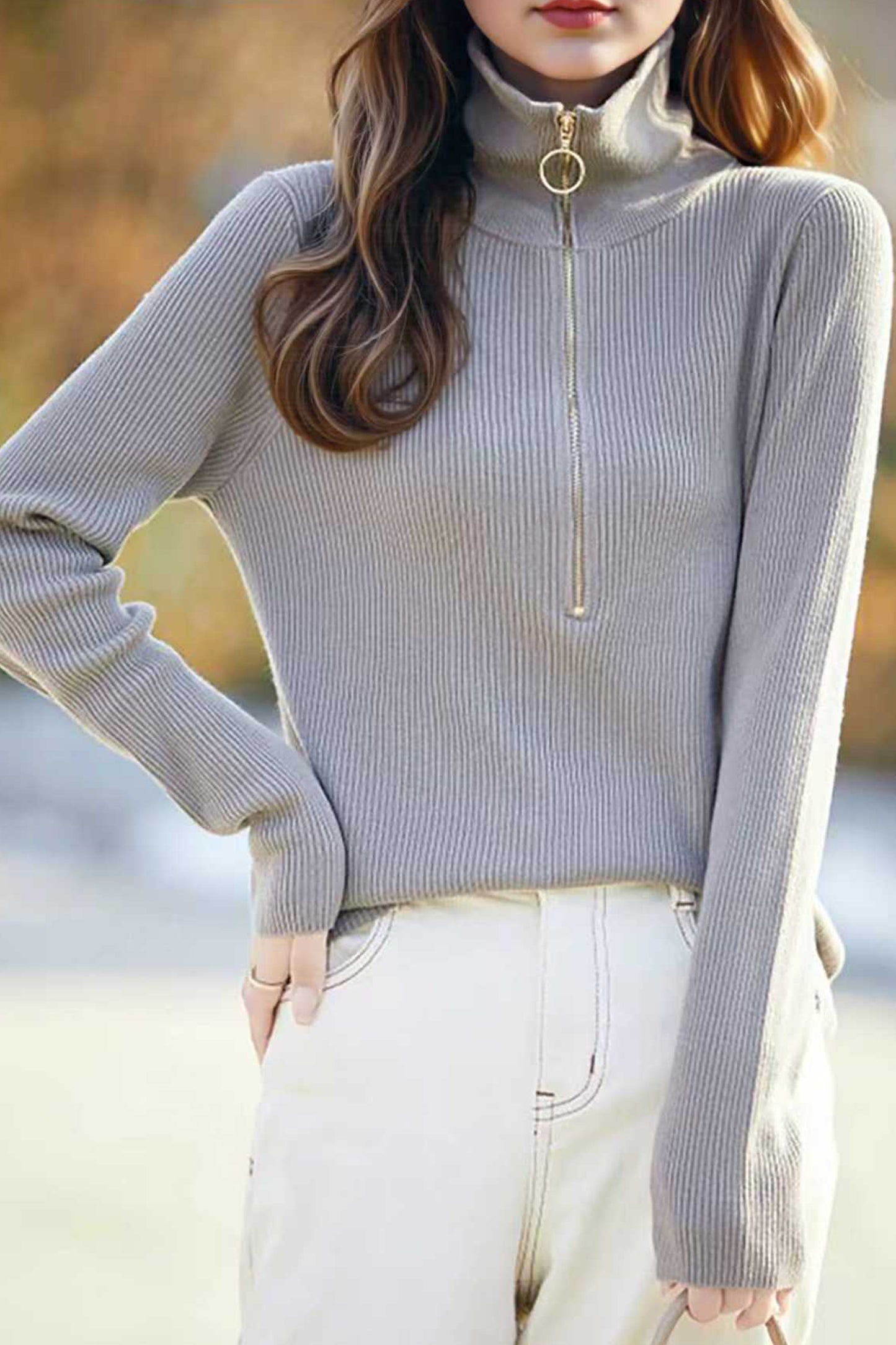 Women's Quarter Zip Pullover Sweaters Collared Knit Top