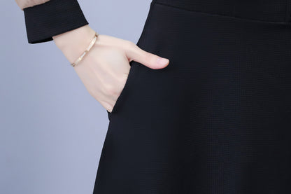 Women's Peter Pan Collar Long Sleeve Black Dress with Pocket