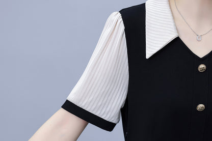 Women's Lapel V-Neck Pocket Short Sleeve Midi Dress - LAI MENG FIVE CATS