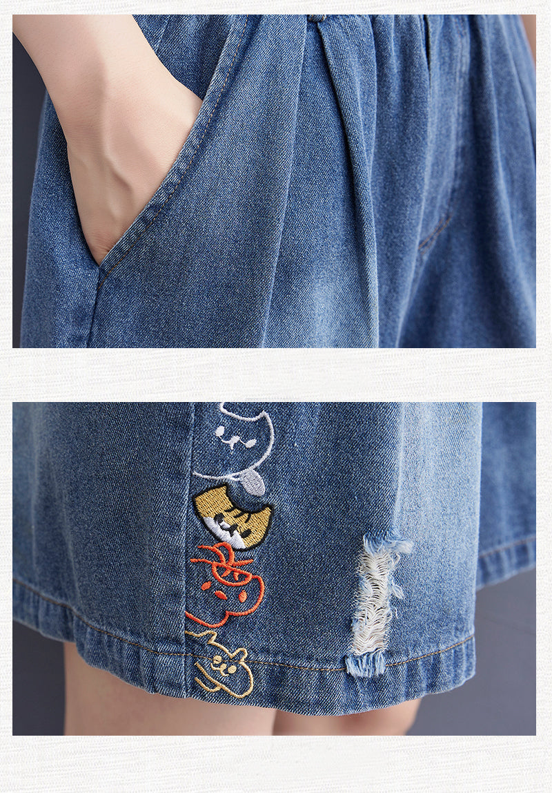 Women's Baggy Pull On Jeans Ripped Denim Shorts - LAI MENG FIVE CATS