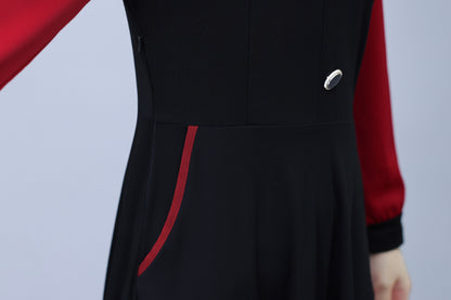 Women's Peter Pan Collar Long Sleeve Black Dress with Pocket