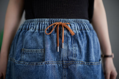 Women's Denim Drawstring Waist Pockets Jean Skirt