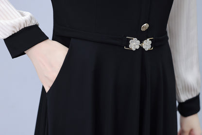 Women's V-Neck with Pockets Long Sleeve Black Dress