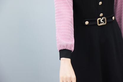 Women's Lapel V-Neck Pocket Long Sleeve Black Dress