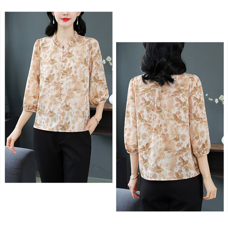 Women's Floral Print Ruffle Button Loose Blouses Top