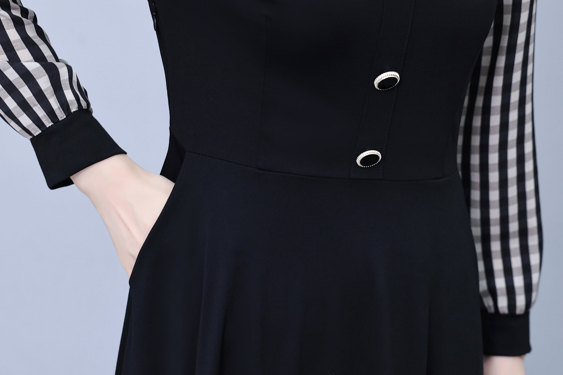 Women's Square Collar Long Sleeve Black Dress with Pocket - LAI MENG FIVE CATS