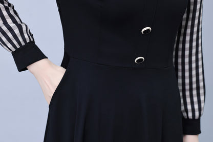 Women's Square Collar Long Sleeve Black Dress with Pocket - LAI MENG FIVE CATS