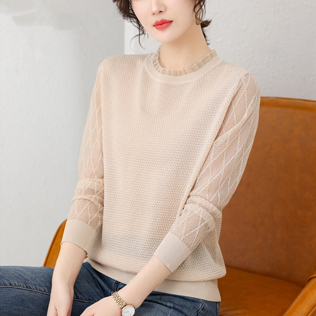 Women's Sweater Puff Sleeve Patchwork Lace Tops