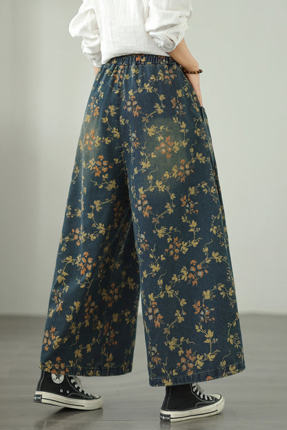Floral Print Wide Leg Drawstring Denim Pants | Relaxed Fit