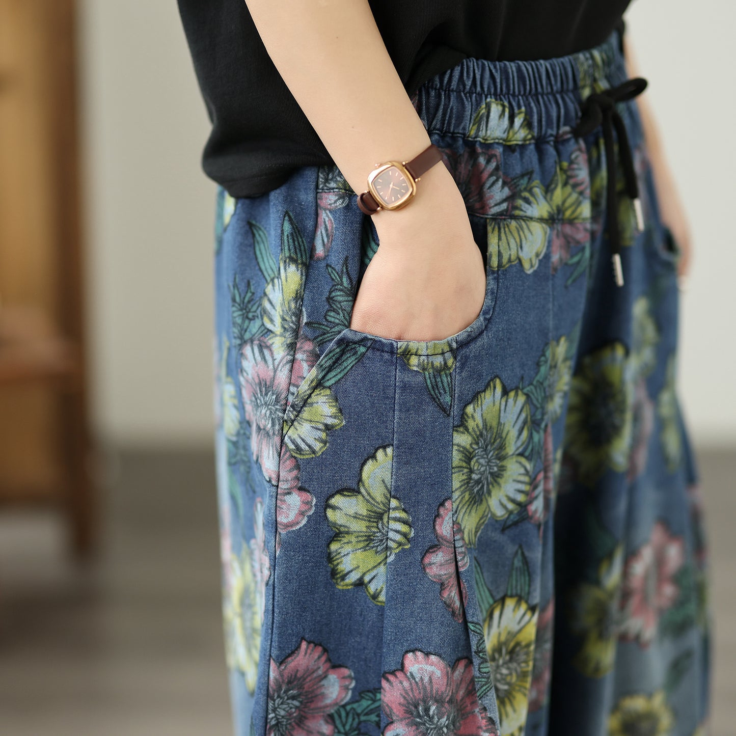 26-Women's Jeans Elastic Waist Baggy Wide Leg Denim