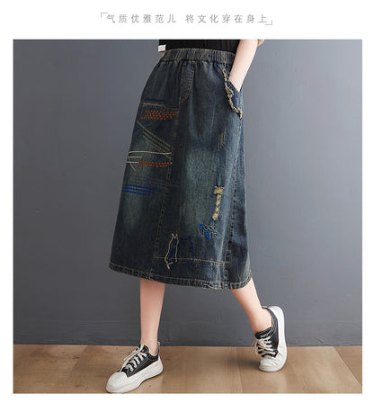 Women's Denim Drawstring Waist Pockets Jean Skirt