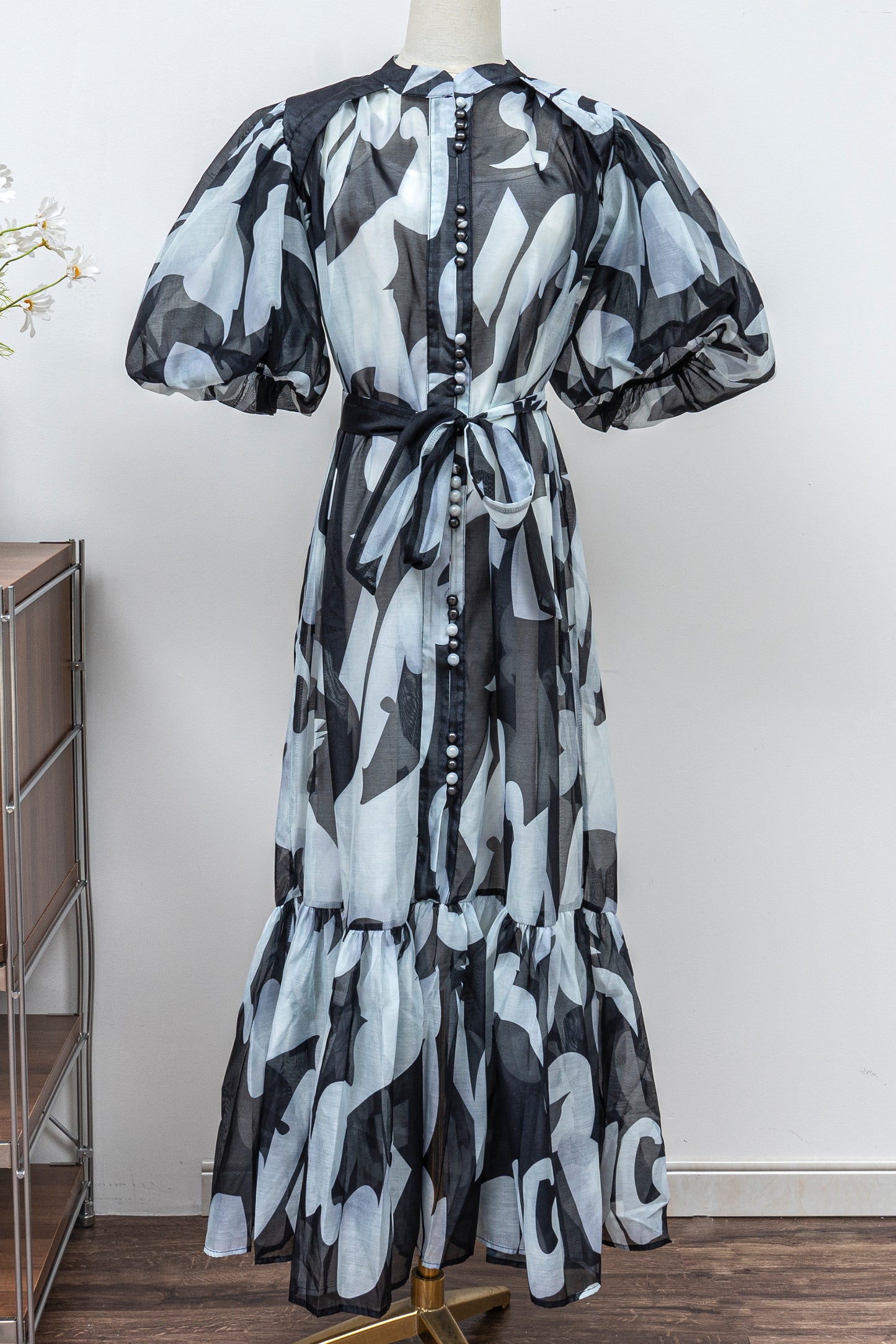 Women's Floral Print Puff Sleeve Fishtail Loose Maxi Dress