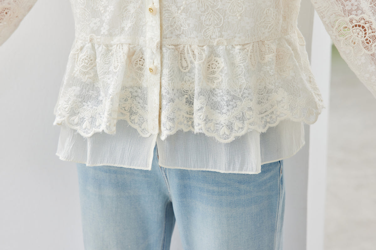 Ivory Lace Embroidered Button-Front Blouse