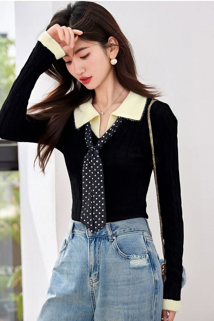 Preppy Color-Block Cable Knit Top with Contrast Collar & Tie Neck