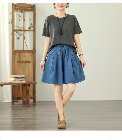 Women's High Waisted Baggy Jean Wide Leg Denim Shorts - LAI MENG FIVE CATS