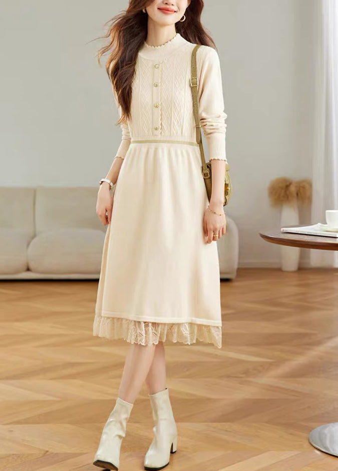 Women's Turtleneck Sweater Knit Lace Trim Midi Dress