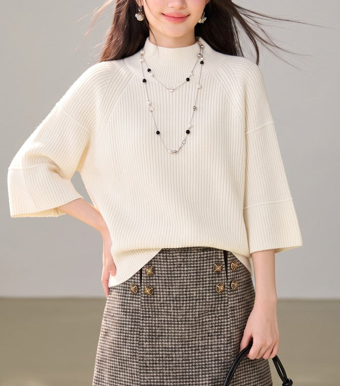 28681-Ribbed Turtleneck Flare-Sleeve Knit Sweater – Black & White