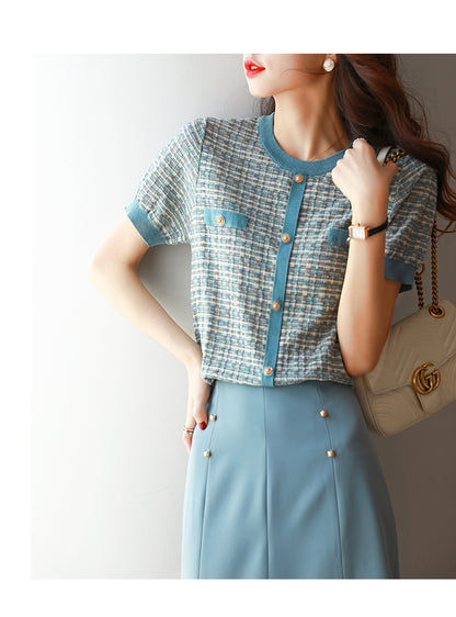 Chic Short-Sleeve Tweed Knit Top Short Sleeve Effortless Shirt