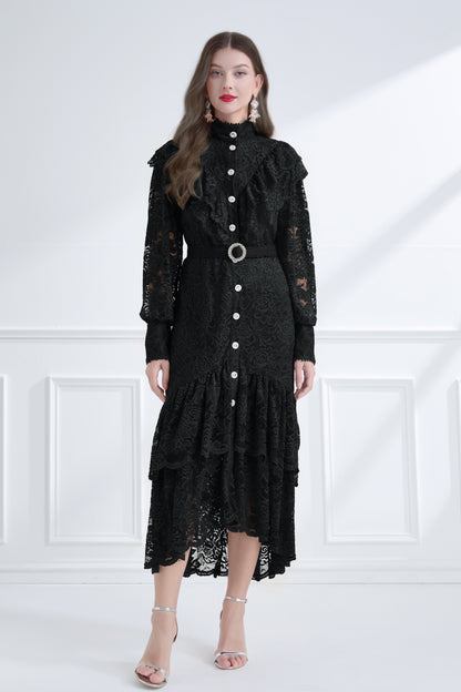 Women's Lace High Neck Ruffles Fishtail Maxi Dress