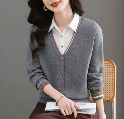 Women's V-Neck Collared Long Sleeve Shirt Striped  Blouse