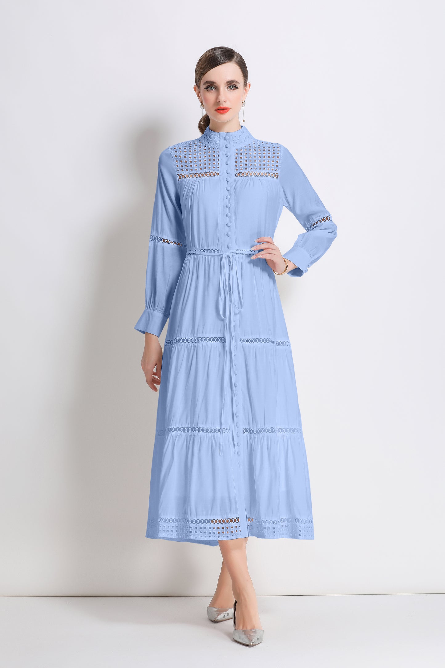 Women's Hollow Out Lace Button Long Sleeve Maxi Dress