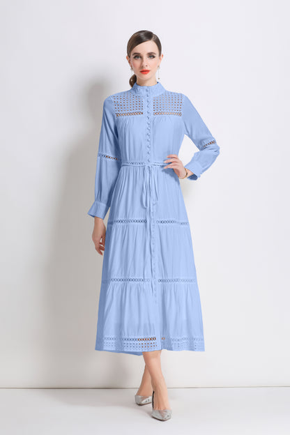 Women's Hollow Out Lace Button Long Sleeve Maxi Dress